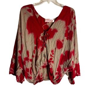 Scandal Italy Red Tan Tie Dye Viscose V-Neck Tie Front Blouse Top Large